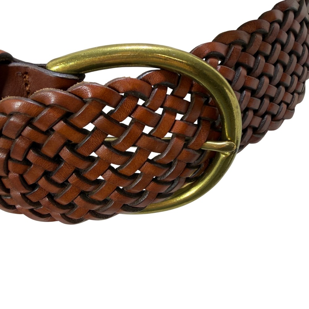 Talbots Womens Small Wide Braided Brown Leather Belt Brass Buckle Made in Turkey